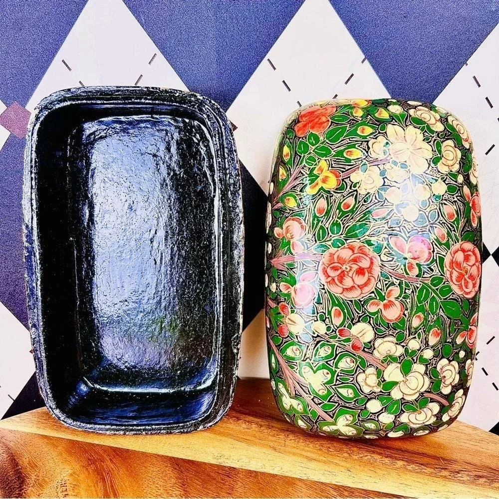 Boho Lacquer Lidded Box Handpainted Kashmiri: Florals‎ Gold, Red Green India 7